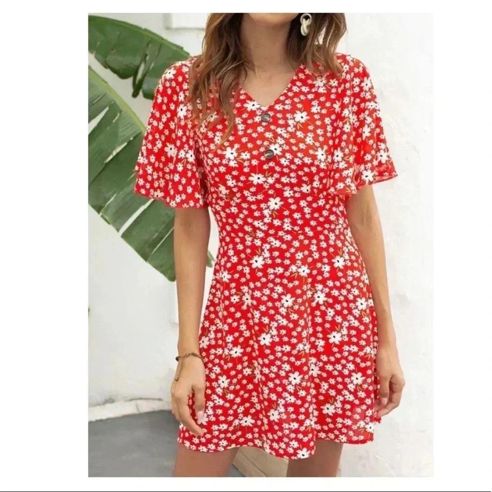 🆕Red & White Floral Botton-Front A-Line
Dress M🆕